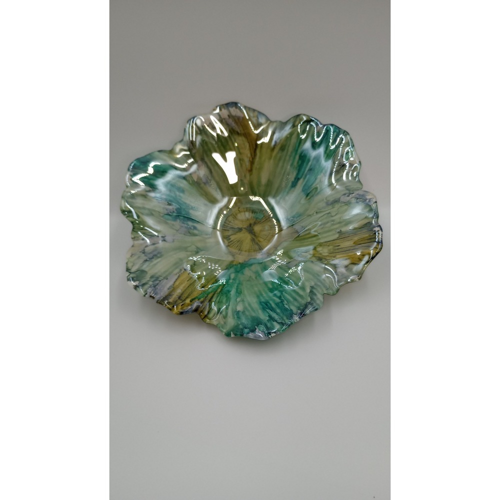 Art Glass Flower Shaped Bowl Blue Silver Tones Iridescent 9"w. 2"h Reverse Paint
